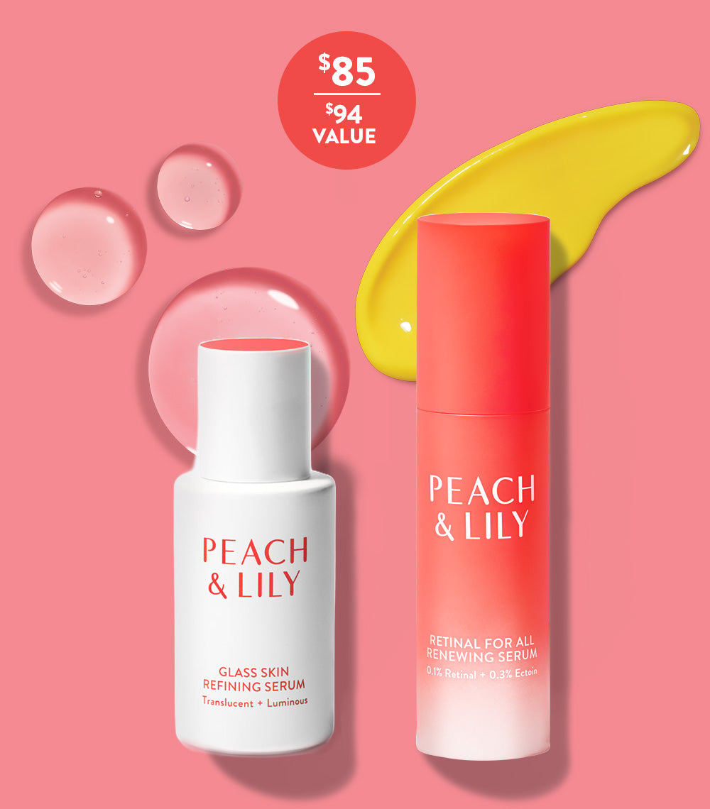 The Peach & Lily Glass Skin Refining Serum bottle and Retinal for All Renewing Serum bottle next to each other with a tag that says $85 for a $94 value