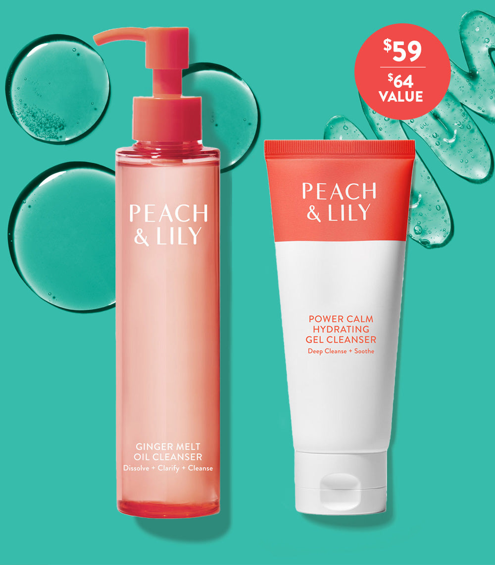 The pump bottle and squeeze bottle of the Peach & Lily Double Cleansing Duo, featuring the Ginger Melt Oil Cleanser and Power Calm Hydrating Gel Cleanser with a tag that shows their price together at $59 for a $64 value