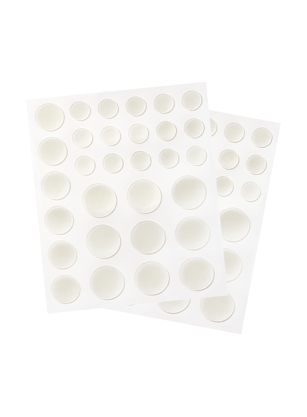 Sheets of the Peach Slices Acne Spot Dots, with 30 spots in various sizes per sheet