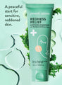A bottle of Redness Relief Soothing Cleanser with a headline stating it is a peaceful start for sensitive, reddened skin