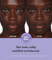 A before and after of someone with dark skin having used Mattifying Moisturizer for Oily Skin, showing a visible difference in the oiliness of their skin with mattified skin in the after image