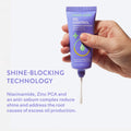 Someone squeezes out the Mattifying Moisturizer for Oily Skin from the bottle and text advertises the shine-blocking technology used in the product, using niacinamide, zinc PCA, and an anti-sebum complex to reduce shine and address the root causes of excess oil production