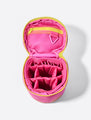 Open pink Peach Slices standing makeup bag with empty compartments, showing two large compartments, four medium sized, and 10 small with a zippered net on the top