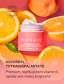 A poster for Peach & Lily Transparen-C Pro Brightening Moisturizer highlighting the ingredient ascorbyl tetraisopalmitate, which is a premium and highly potent form of vitamin C