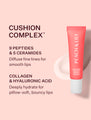 A highlight poster for Peach & Lily Clear Collagen Cushion Peptide Lip Balm highlighting how it uses 9 peptides, 5 ceramides, collagen, and hyaluronic acid to diffuse fine lines and deeply hydrate