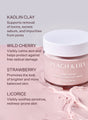A jar of Peach & Lily Pore Proof Perfecting Clay Mask and the ingredient highlights for the product such as kaolin clay which supports the removal of toxins from pores, wild cherry which visibly calms skin, strawberry which promotes bright and balanced skin, and licorice which visibly soothes red skin